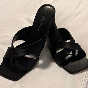 Wild Diva Square Toe Satin Slip On Black Heels -  Size 7,5